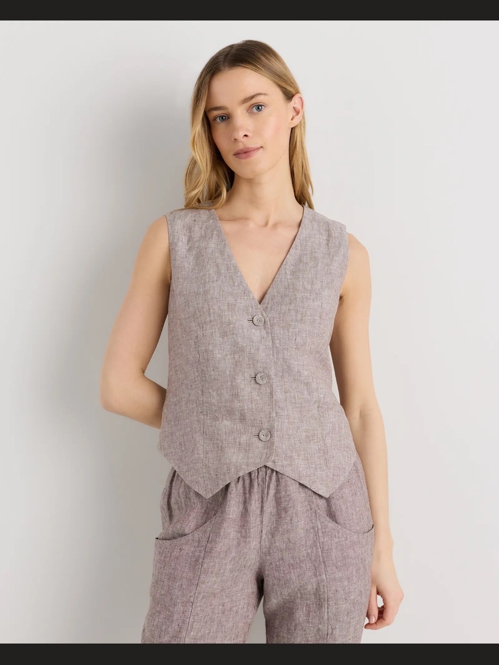 Quince European Linen Vest Women's Taupe Brown Chambray